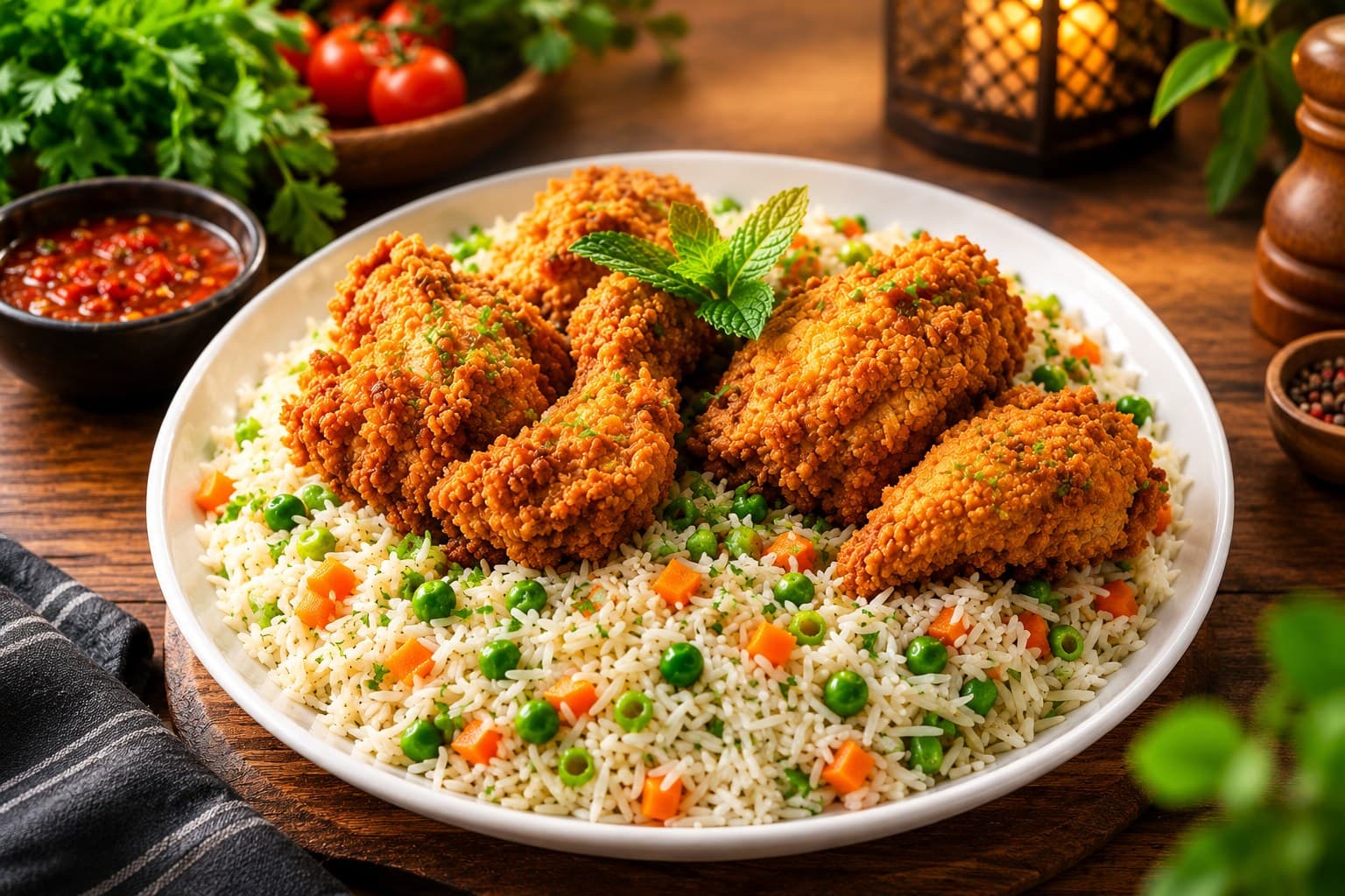 Crisp broasted chicken on vegetable rice