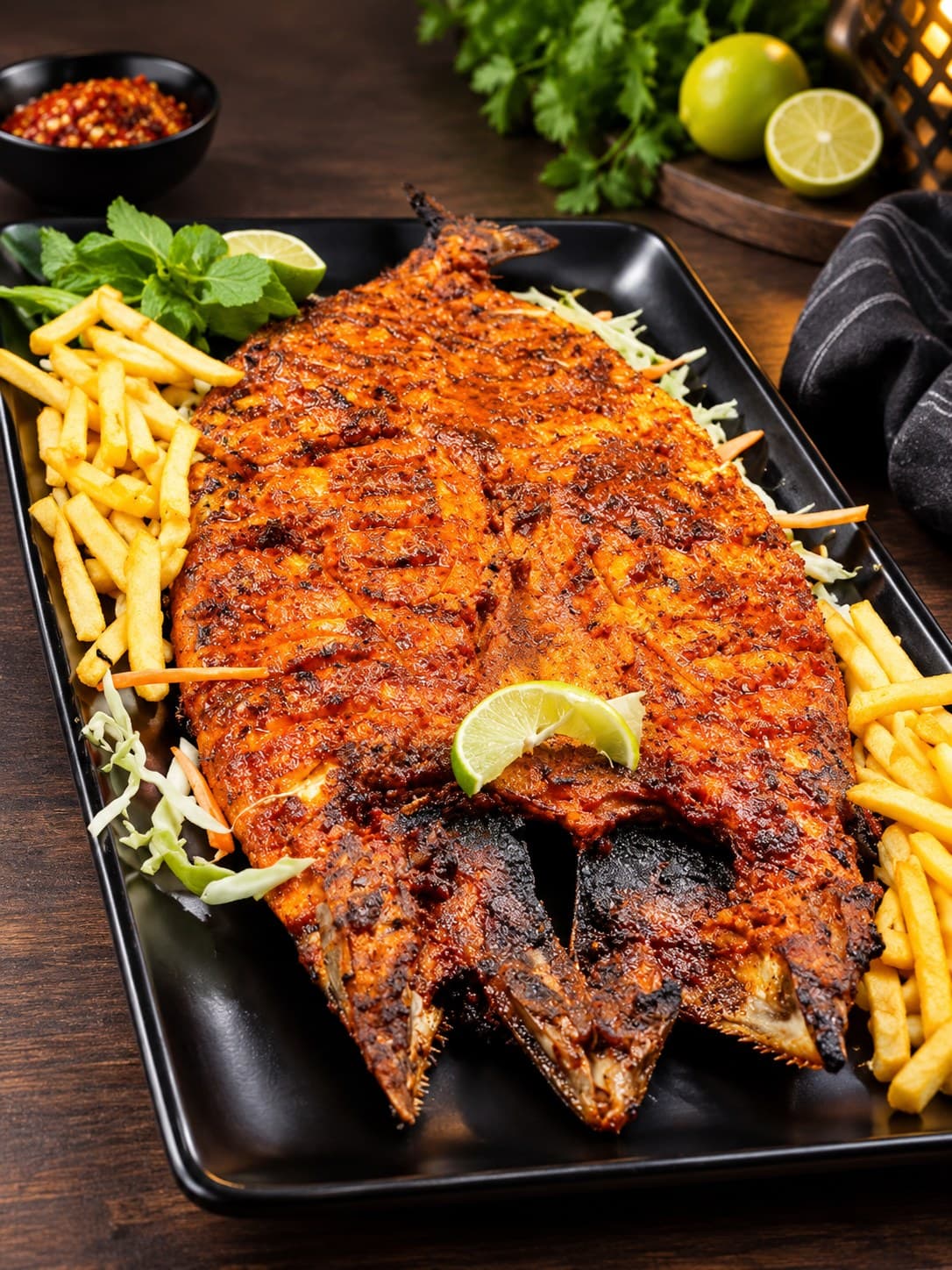 A butterflied whole fish grilled in red masala with fries