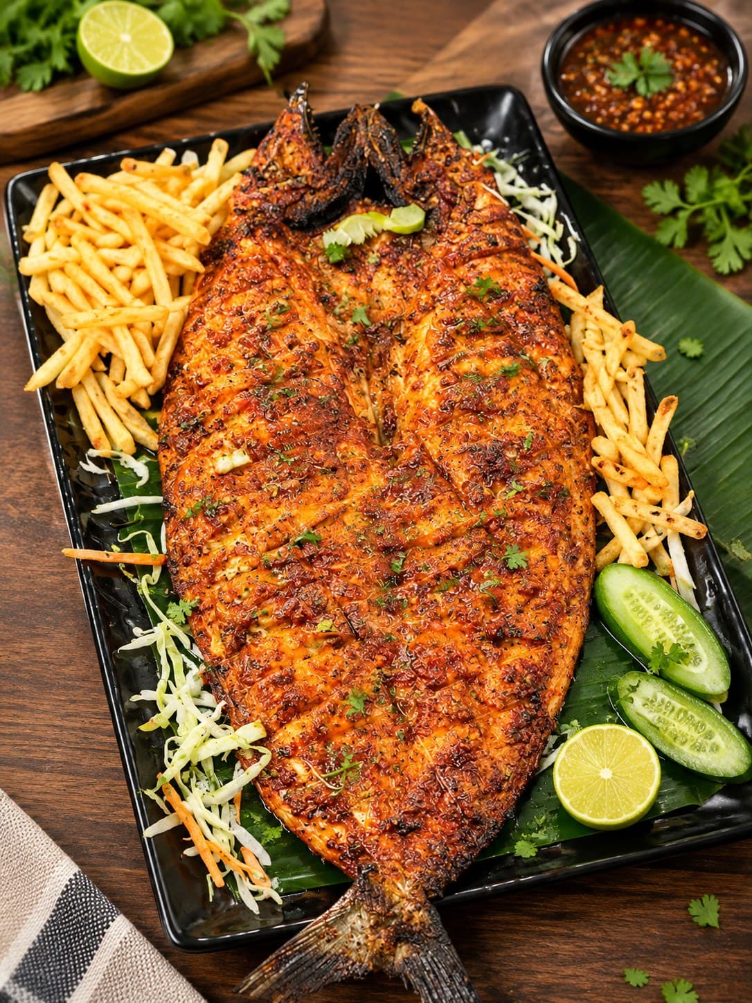 Whole grilled fish in red masala with fries and salad
