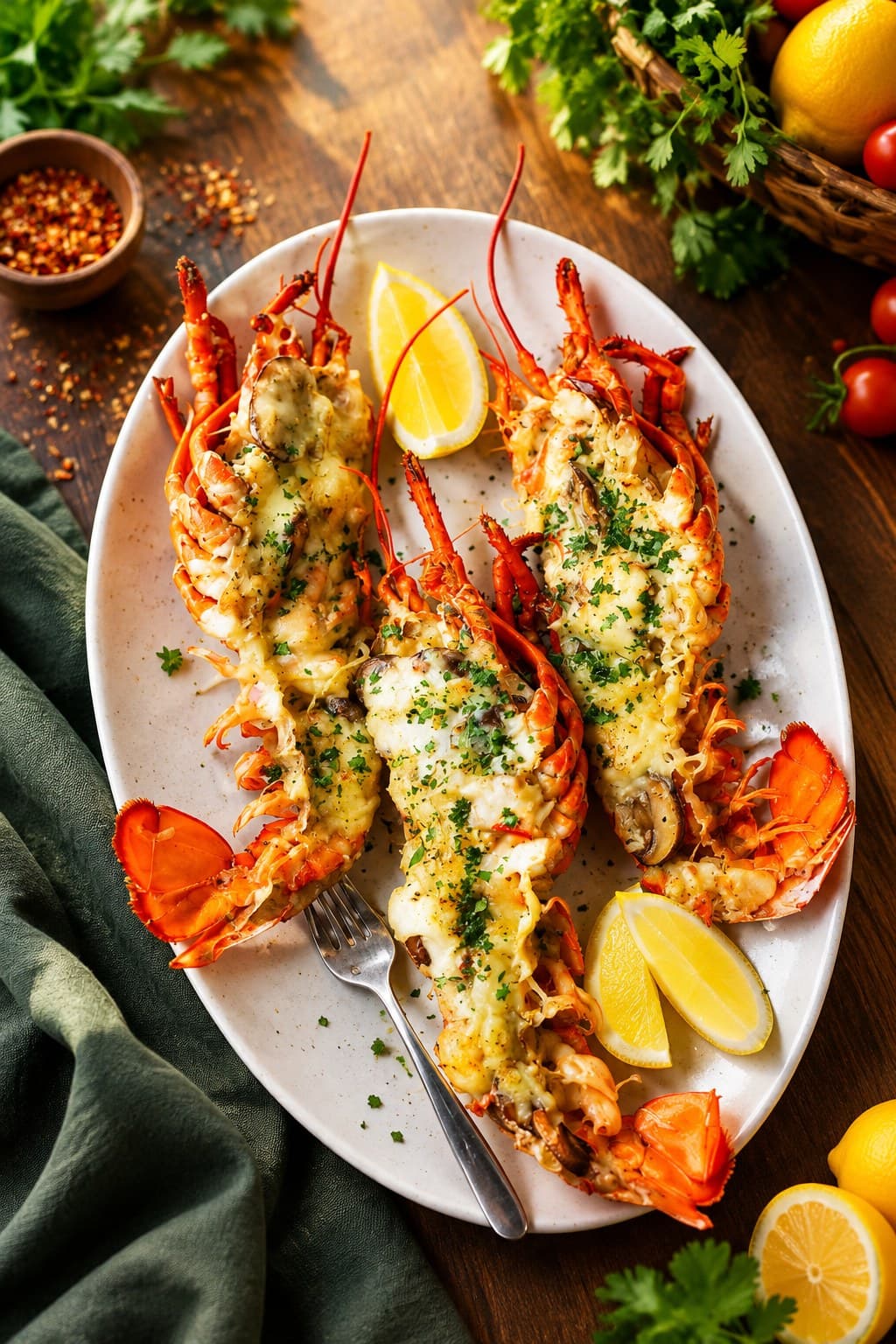 Grilled lobster halves with herbs and lemon