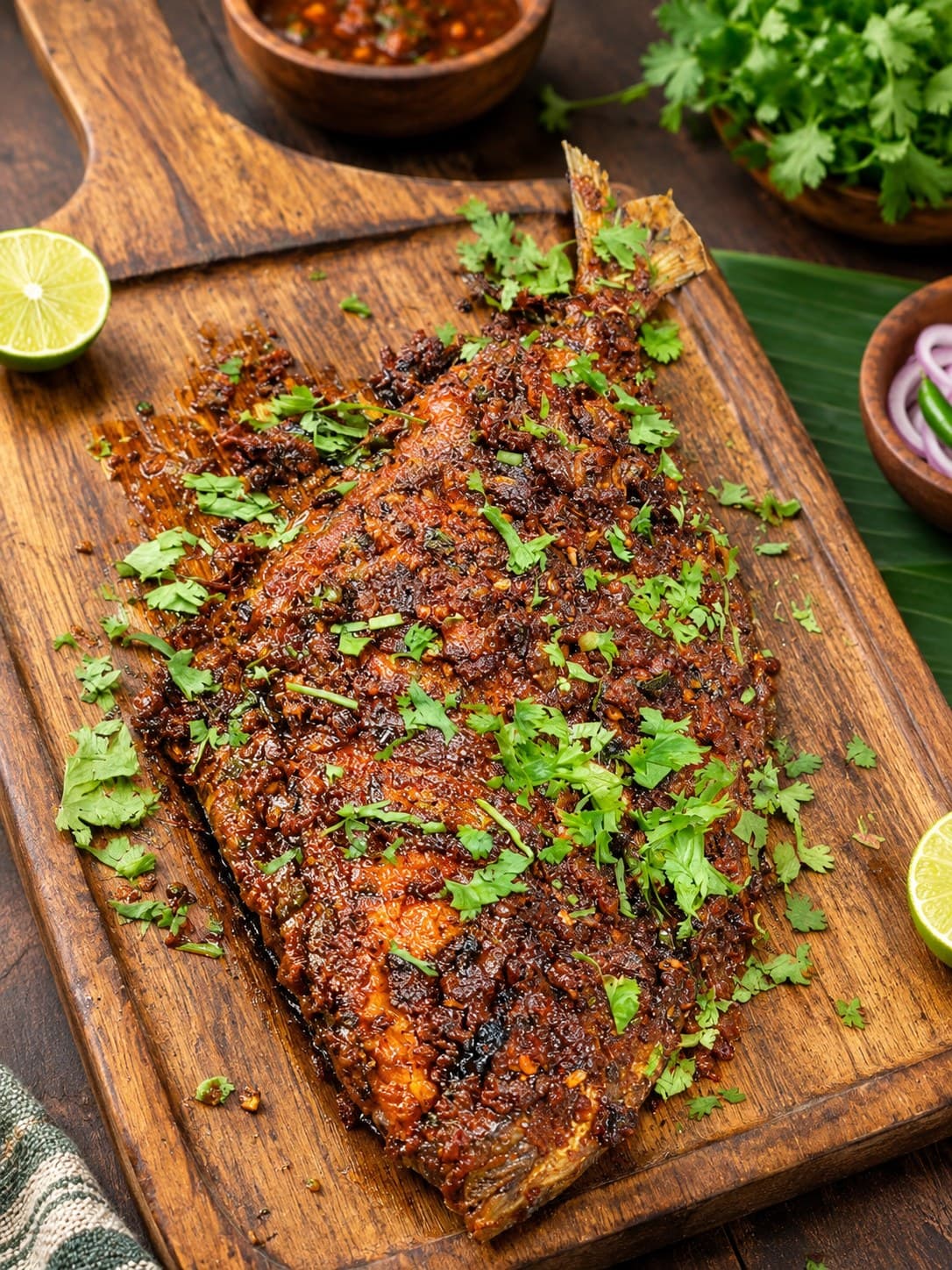 Whole fish under a dark red masala on a wooden board